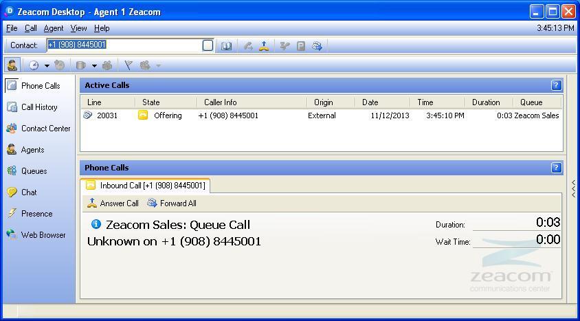 Make an incoming call to the Zeacom Sales application, with available agent 20031.