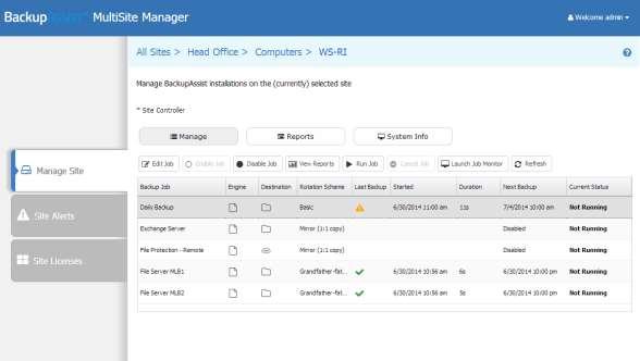 Manage Site single computer When you open a computer from the Manage Site tab, you can view that computer s jobs, reports and system information using the Manage, Reports and System Info options.