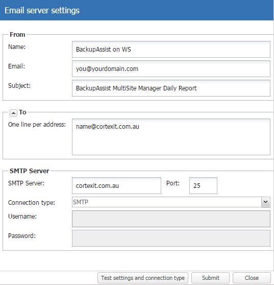 Email server settings This option is available for the MultiSite Manager administrator to set up the Email server.