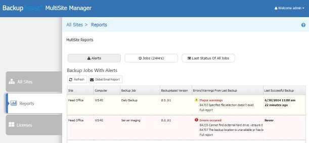 Reports The Reports tab displays information about all backup jobs on all computers managed by MultiSite Manager.