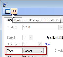 Print Receipts Added the ability to print a receipt for deposits using the Print Check/Receipt button (Ctrl+Shift+P). Previously you could only print receipts for credit card deposit transactions.