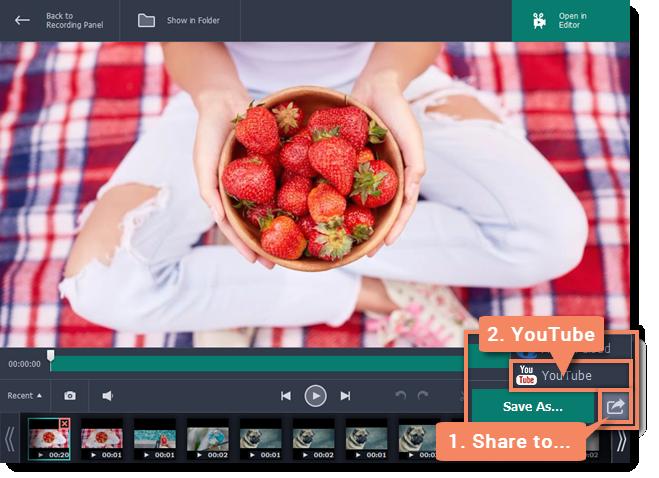 Once your video is ready, you can share it to YouTube! Step 1: Open the Export window Uploading videos online Click the Share button next to Save As and select YouTube.