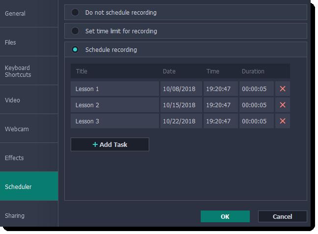 Scheduler In the Scheduler section of the preferences, you can start and stop recordings automatically. Automatically ending a recording 1. Select the "Set time limit for recording" option. 2.