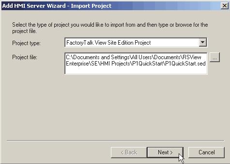 Chapter 2 Create Your HMI Project The file path appears in the Project file text box. 8. Click Next. 9. Type a name and description of the server. 10.