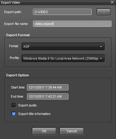 6. A dialog will be opened to ask for the parameters to configure the video to be exported. The supported video formats are ASF, Original AVI, and Microsoft AVI.