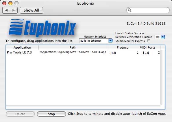 Figure 6-3 Euphonix preference pane with application selected and HUI protocol set 24 6. Close the Euphonix preference pane and reboot your computer if prompted to do so. 6.2 Setting up Pro Tools to Control the 1.