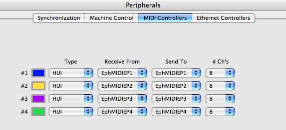 Figure 6-4 Pro Tools Peripherals dialog Pro Tools has configuration boxes for the four possible controllers. We recommend configuring all four HUI controllers. 4.