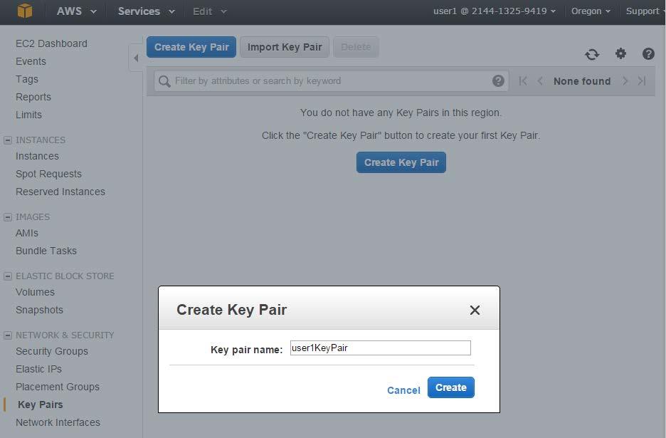17. Click Create a Key Pair button, give a name to your key pair and click Create button.