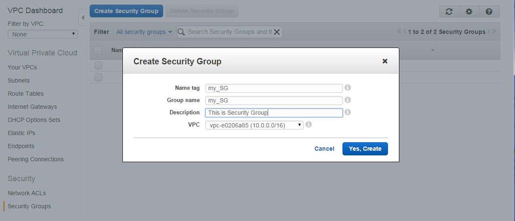 23. Click Create Security Group button. Give a name, description, VPC(make sure to choose VPC you created before) to Security Group and click Yes, Create button. 24.