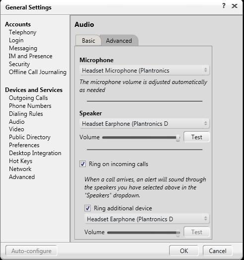 On the General Settings screen, select Audio. On the Basic tab, verify applicable Plantronics headset is display from the pull-down menus in the Microphone and Speaker sections, as shown below.