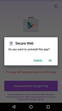 You ll now see this dialog box asking you to uninstall the old Secure Web app from
