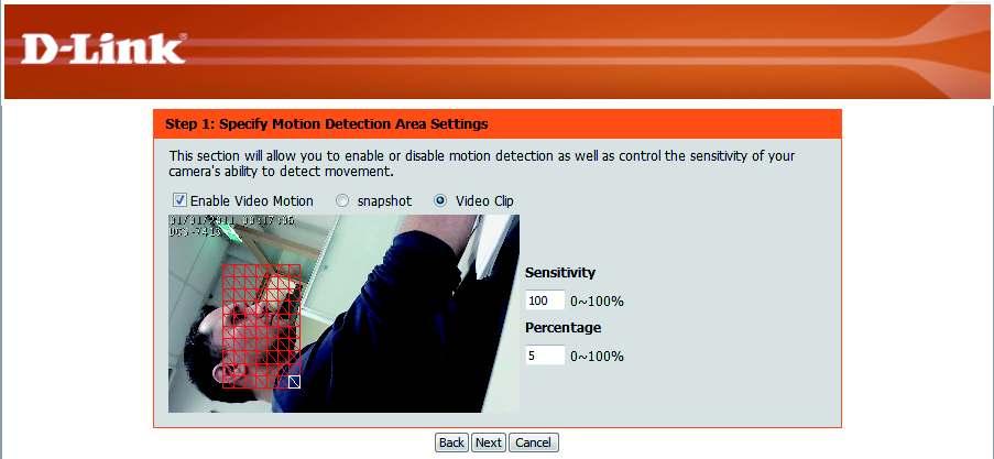 Motion Detection Setup Wizard Step 1 This step will allow you to enable or disable motion detection, specify the detection