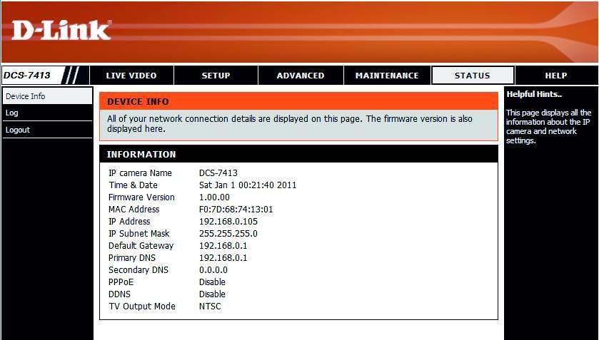 Status Device Info This page displays detailed