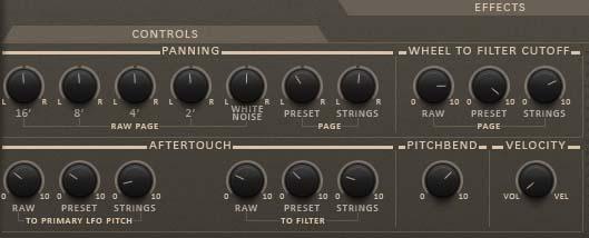 Controls. Use these controls to set various amounts of modulation from Aftertouch, Mod Wheel and velocity. You can also set the panning for each of the raw OSC's, Preset library and strings.