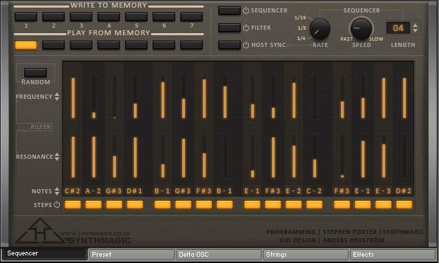 The Sequencer. The sequencer can sequence note, filter cutoff and resonance on each of the 16 steps.