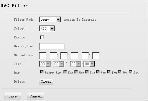 4.6.1 MAC Address Filter 64 ENGLISH To better manage PCs in LAN, you can use the MAC Address Filter function to allow/disallow such PCs to access to Internet - Filter Mode: Select Deny or Allow