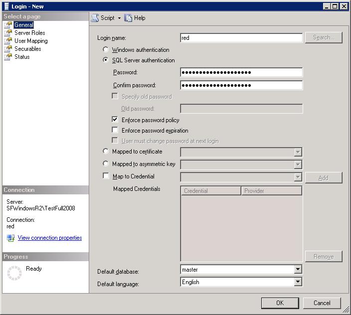 Enter a Login name, you can use red or other login name. Select SQL Server authentication.