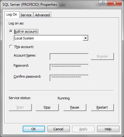 Right click the SQL Server (Instance Name) and choose Properties. On the Log On tab, select either Built-In account and choose Local System.