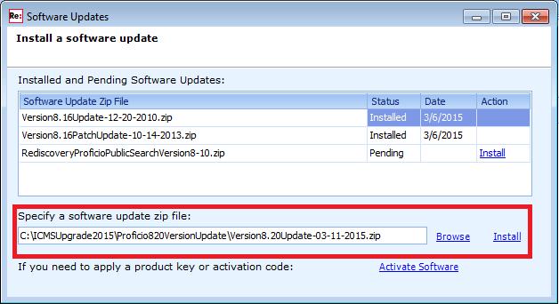 In the Software Updates window, click Browse. In the Open dialog window, navigate to the ICMS 8.