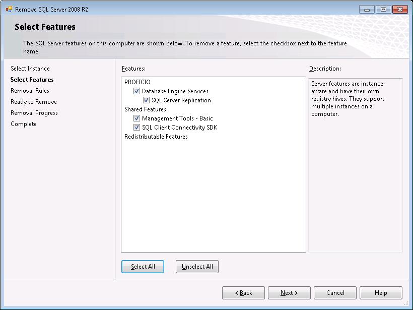 In the Select Instance window, next to "Instance to remove features from:" select PROFICIO. Click Next.