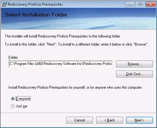 Accept the default folder location or enter a new location where you want the program installed. Edit the path as needed leaving the folder structure as is from \Rediscovery Software Inc\ on down.