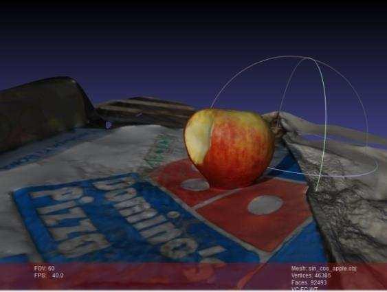 (a) 3D model for series of APPLE images decompressed by our approach (48 images, average 2D RMSE=8.33, total compressed size=1.94 MB).