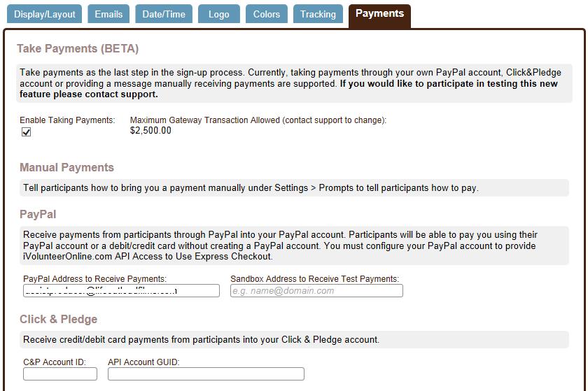 3. Go to Organization > Settings tab > Payments sub-tab > Click&Pledge section. 4.