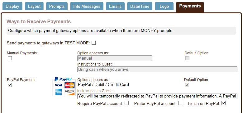 Configuring an Event to Take Payments Administer the event. Go to Setting > Payments (Figure 2). Check which Payment Methods (i.e. Manual, PayPal, etc.