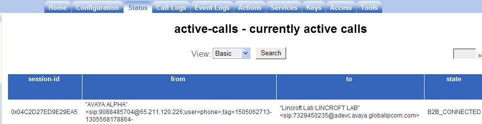 In the example screen, active-calls was selected from the left, revealing details about an active incoming call on the right.