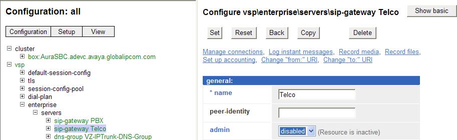 12.1.3 Disable the sip-gateway Telco Created by the Installation Wizard Navigate to vsp enterprise servers. In the left menu, select sip-gateway Telco as shown below.