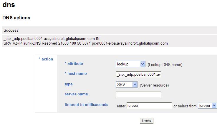 The following example screen shows a successful SRV lookup. In the host-name field, _sip._udp.pcelban0001.avayalincroft.globalipcom.