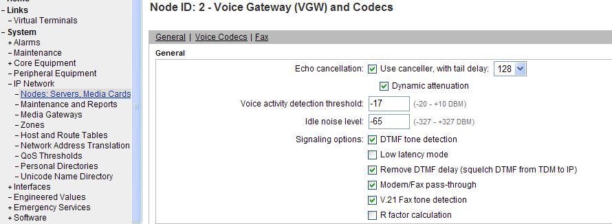 5.6.2 Node Voice Gateway and Codec Configuration Expand System IP Network and select Node, Server, Media Cards. Select the appropriate Node Id 2 as shown below.