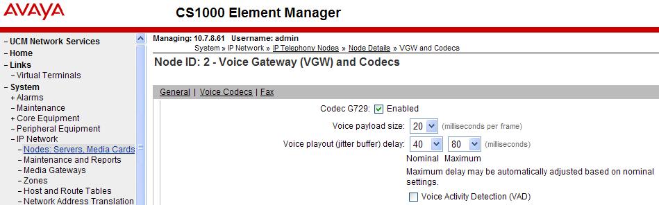 For the Codec G.729, ensure that the Enabled box is checked, and the Voice Activity Detection (VAD) box is un-checked, as shown below.
