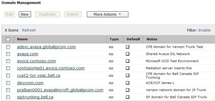 The screen below shows an example SIP Domain list after SIP Domains are configured.