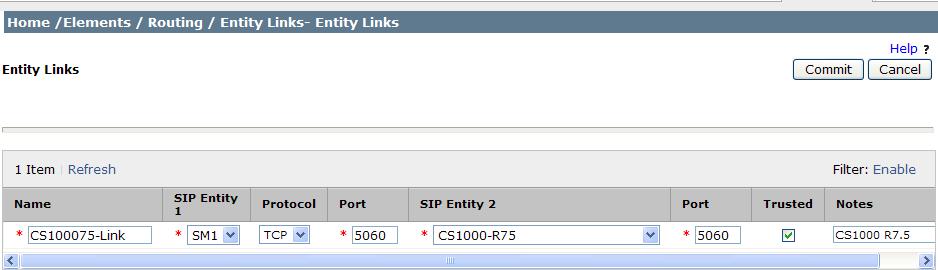 Click Commit to save the Entity Link definition. The following screen shows the entity link defined for the SIP trunk between Session Manager and Avaya Communication Server 1000E. 6.5.