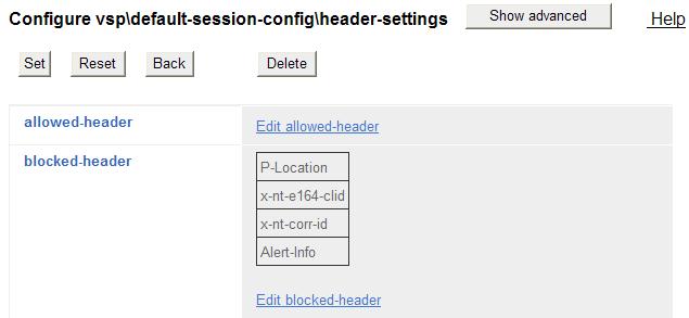 Continue to add the desired blocked-headers in this fashion. When finished, click OK and Set. The following screen shows the blocked-headers used in the sample configuration.