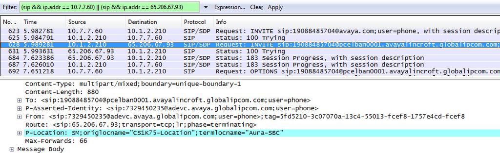 The following screen capture shows the same Wireshark trace filtered so that messages sent to and from Session Manager (10.1.2.210) are also visible.