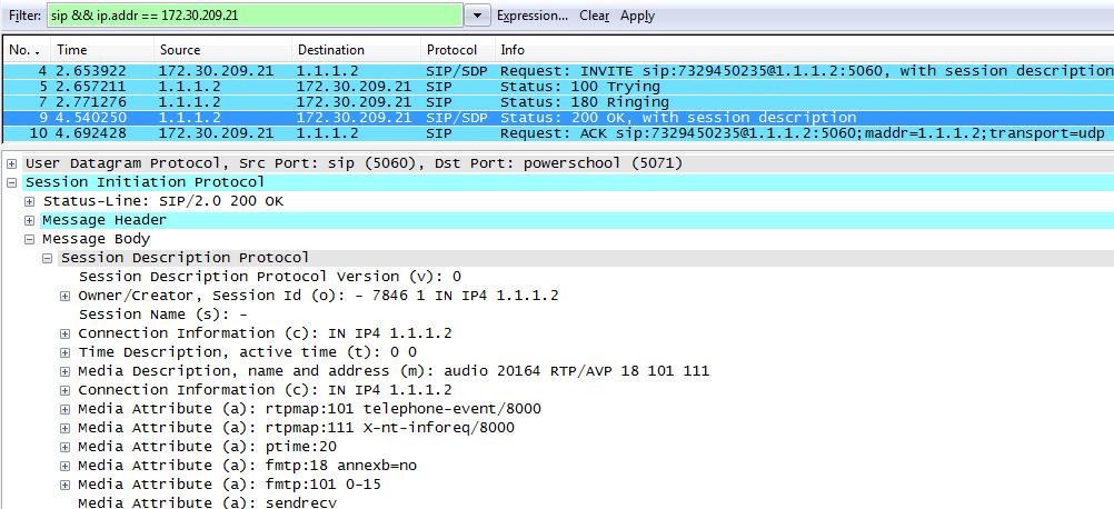 Proceeding to the Wireshark from the inside of the SBC for this same call, Session Manager will adapt 732-945-0235 such that the call rings the IP UNIStim telephone with Directory Number 57003, an IP