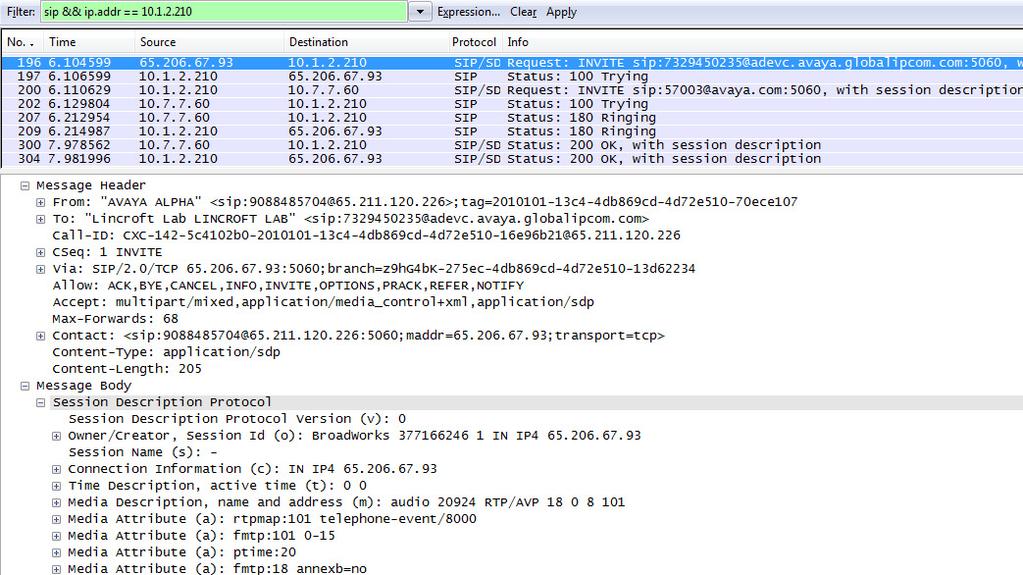 The following screen capture shows the same Wireshark trace but expands the 200 OK sent by the CS1000E when the user answers the call.