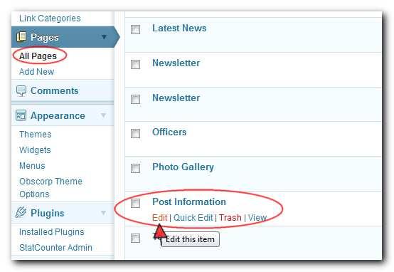 7. Editing your Post Information Page To make update your Post Information page, navigate to the Pages section in the left column of the dashboard navigation, and select All Pages.