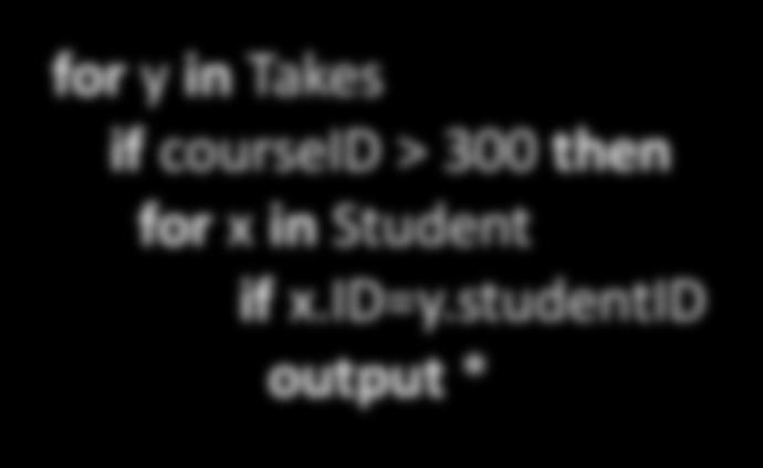 courseid > 300 then for x in Student if x.
