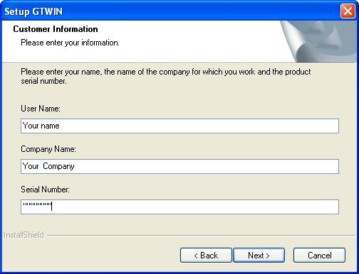 A user information dialog box is displayed. Fill in the [User Name], [Company Name] and [Serial Number] items, and click [Next].