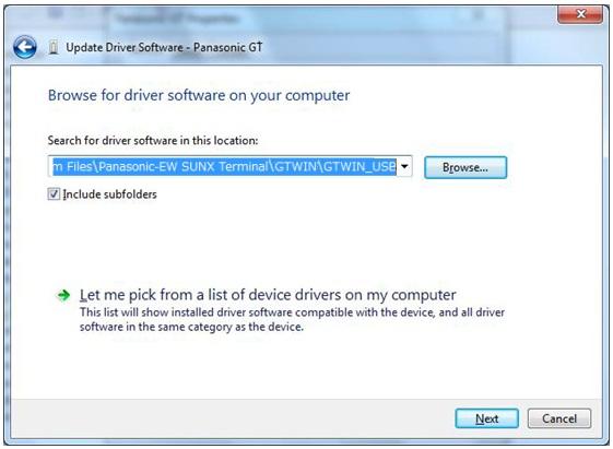 Folder to be specified: \Program Files\Panasonic-EW SUNX Terminal\GTWIN\GTWIN_USB Note) If the driver is not in