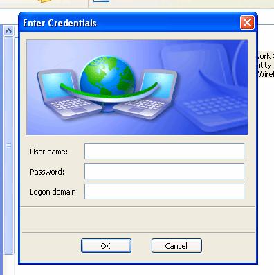 Enter your wireless username and password on the Enter Credentials pop-up. Leave the Logon domain box blank. Click OK.