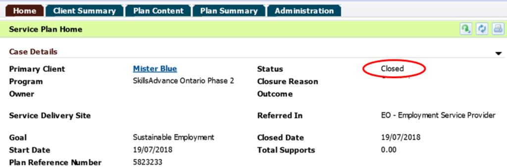 If Comments need to be added related to the closure reason, this can be inputted into the Change Closure Details page, which can be found in the Action Button on the Service Plan Home page.