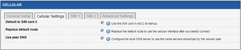 There is only one page of configuration, which can be reached either by SETUP Physical Interfaces Cellular Or SETUP Network Cellular There are 5 tabs: 1.