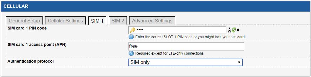 Page 5/6 3. SIM1, SIM2 PIN code Access point (APN) Authentication protocol SIM card PIN code. Warning: using the wrong PIN may lock out the SIM card after two tries.