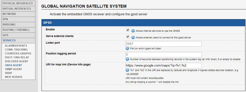 Enable Serve external clients Position logging period URI for map link Enable use of the GNSS antenna.