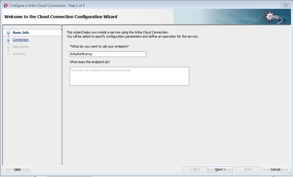 2. The Connection page prompts you to specify the Ariba Host Name, Application Name, Partition Name and Security Policy
