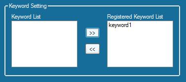 2. To assign the keyword to the projector, move the desired keyword from 1 [Keyword List] displaying the list of created keywords to 3 [Registered Keyword List] by using the 2 [>>] button in